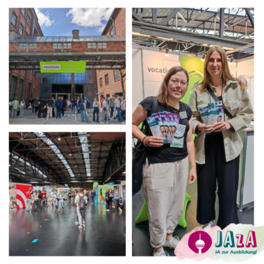 EIen Collage aus drei Bildern zu Inneneinsichten und einer Außenansicht der Messe.